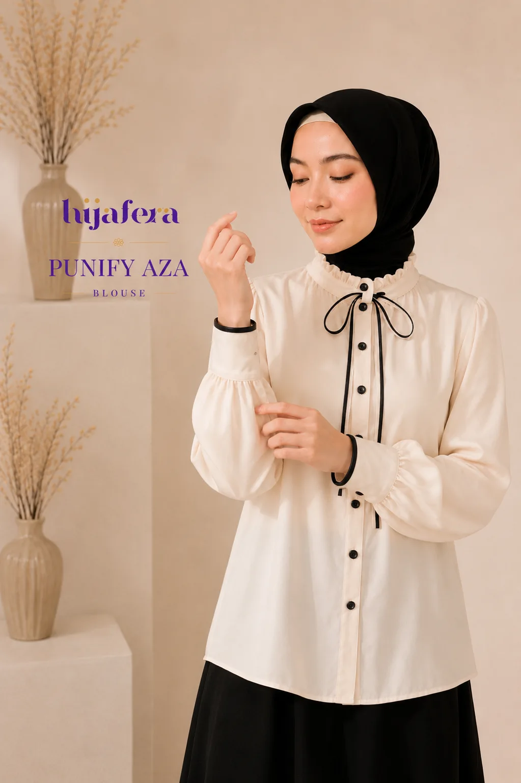 Punify Aza Blouse – Elegant Ruffle Neck Blouse with Ribbon Detail