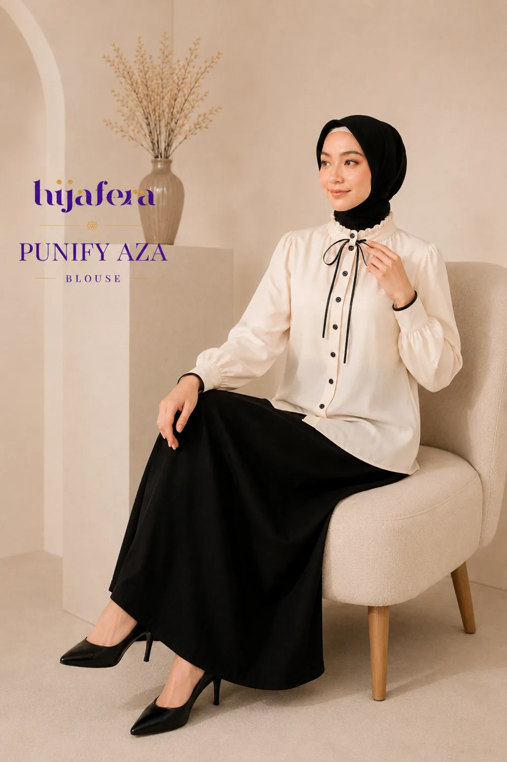Punify Aza Blouse – Elegant Ruffle Neck Blouse with Ribbon Detail