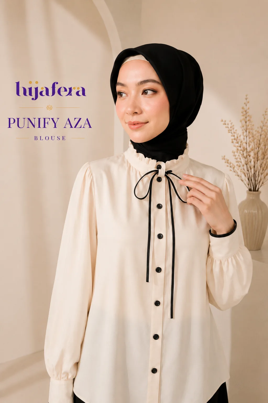 Punify Aza Blouse – Elegant Ruffle Neck Blouse with Ribbon Detail