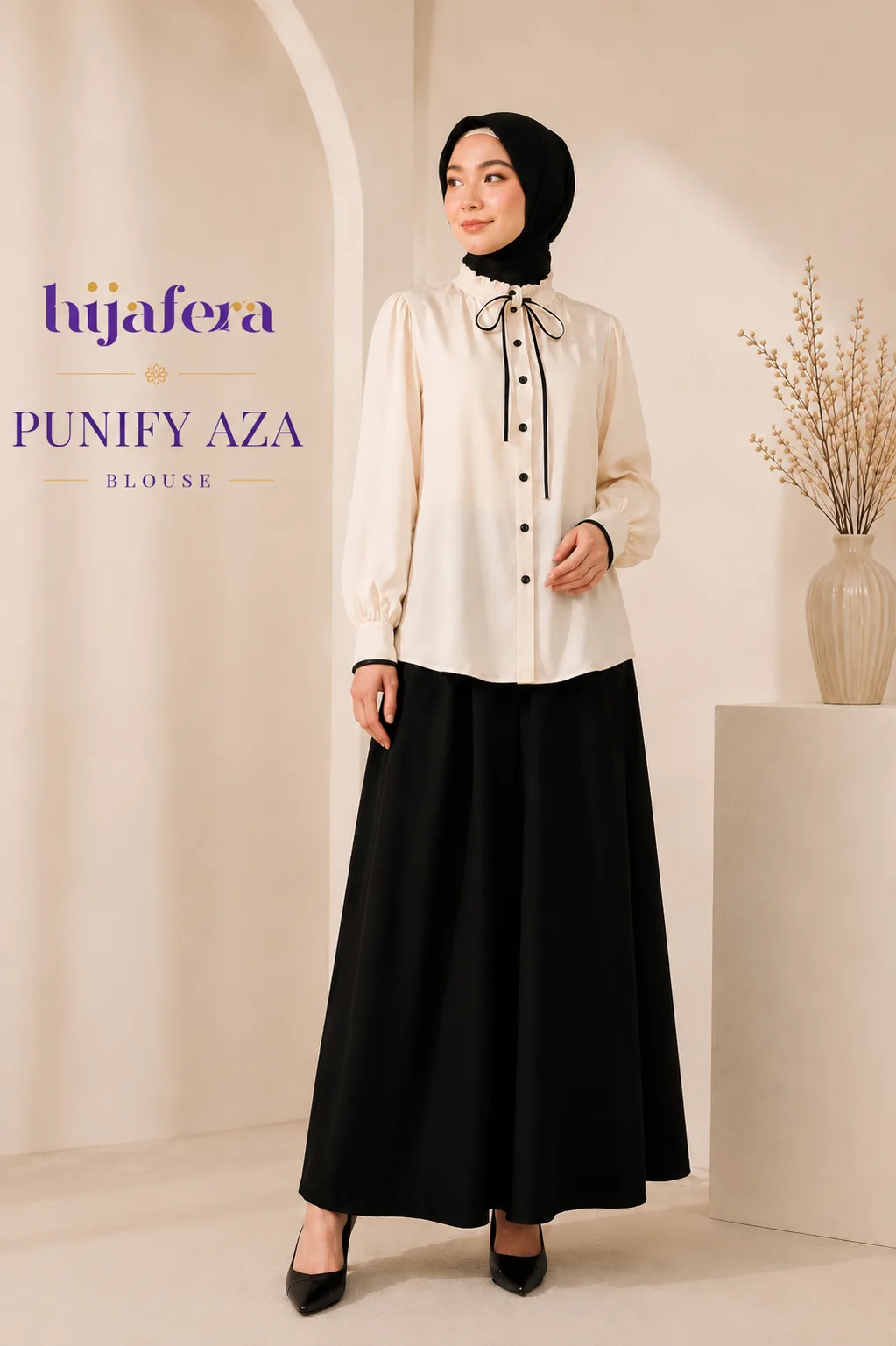Punify Aza Blouse – Elegant Ruffle Neck Blouse with Ribbon Detail