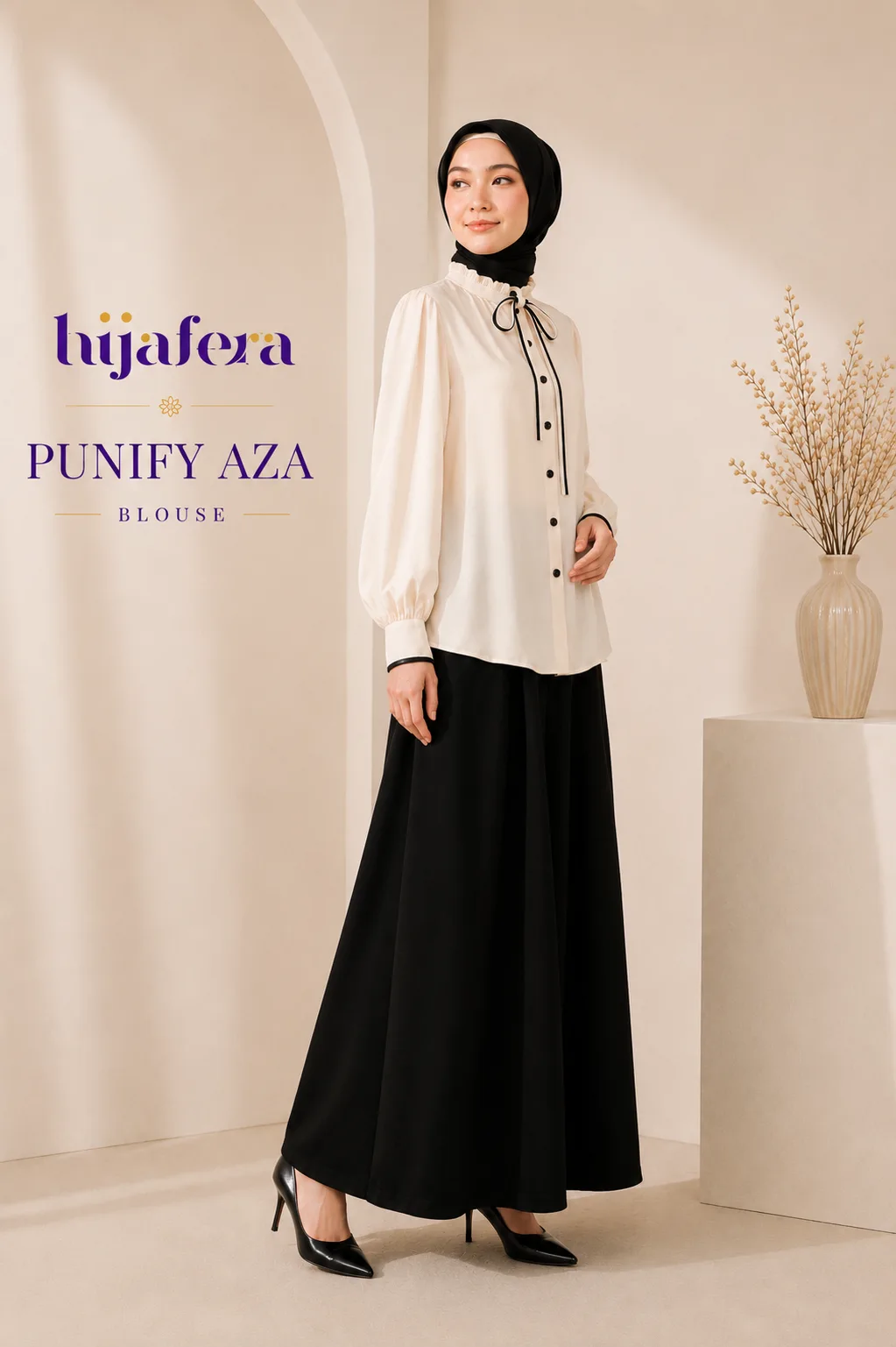 Punify Aza Blouse – Elegant Ruffle Neck Blouse with Ribbon Detail